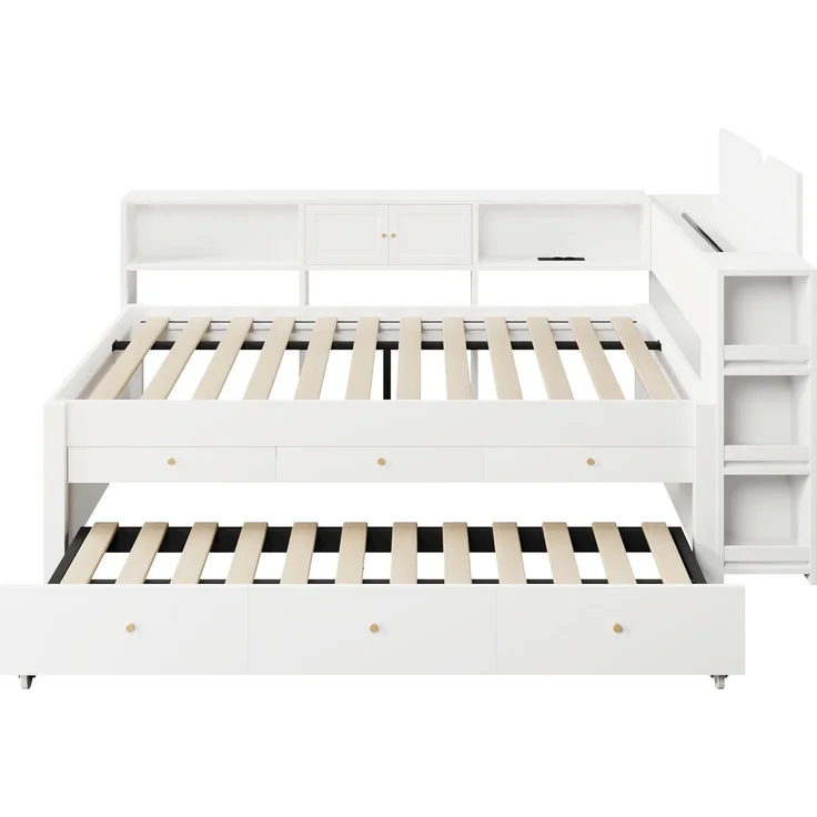 Stauraumbett 140x200 cm mit 3 Schubladen, ausziehbarem Gästebett und USB-Anschluss – Weiß (ohne Matratze) – Bild 9