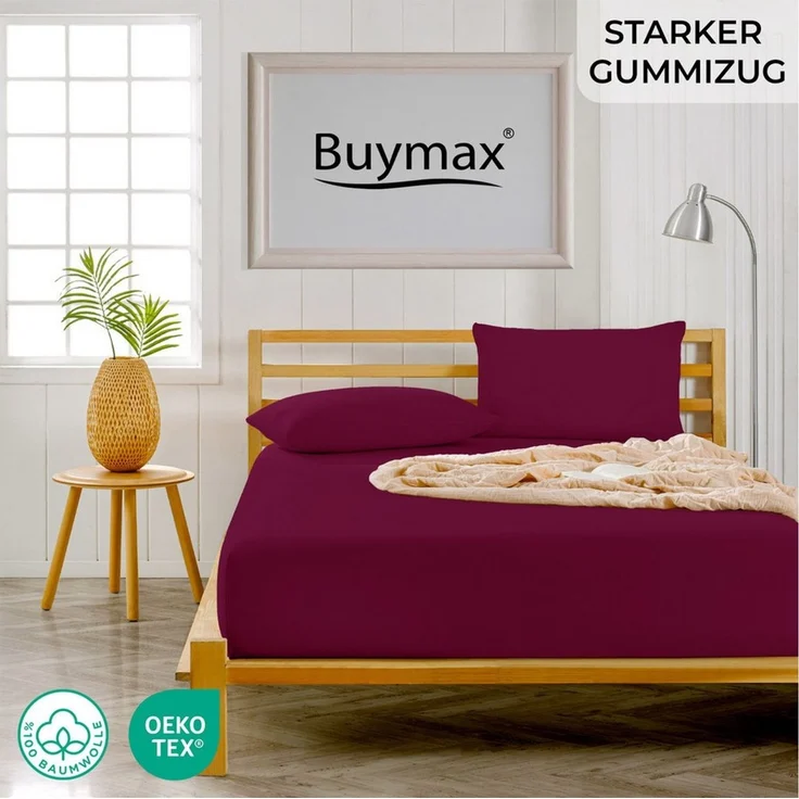 Buymax Spannbettlaken Boxspringbett 90x200-100x220 cm, 100% Baumwolle Jersey, 160 g/m², Oeko-TEX, für hohe Matratzen, Bordeaux – Bild 2