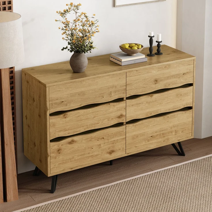 DESVIAE Sideboard mit 6 Schubladen 120x75,5x40 cm aus Spanplatte in Holzfarbe – Bild 4