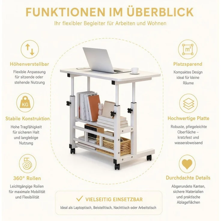 PFCTART Beistelltisch Beistelltisch mit Rollen, höhenverstellbar, 40x80 cm, 3 Ablagen (Set, 1-St, Beistelltisch Couch, mobiler Laptoptisch für Wohnen & Büro), Schreibtisch klein, 63–90 cm höhenverstellbar, 4 Rollen mit Bremse – Bild 4