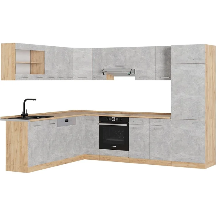 Eckküche R-Line Beton/Goldkraft Eiche 287 x 60 cm , AP Eiche Vicco – Bild 1