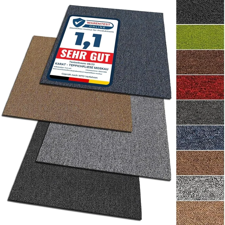 KARAT Teppichfliesen Moskau 50x50 cm selbstliegend - 24 Stück Set - 6m² - strapazierfähiger Teppich Bodenbelag mit hochwertigem Schlingenflor für Haus & Büro - antistatisch mit Bitumen Rücken - Beige – Bild 1