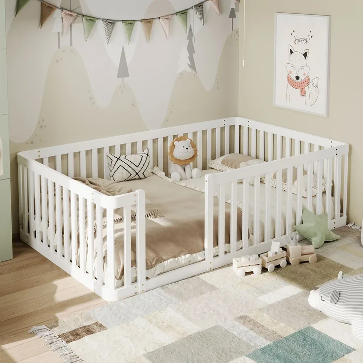 Merax Kinderbett, 90x200 cm Einzelbett, Holzbettgestell mit Zaun, weiß