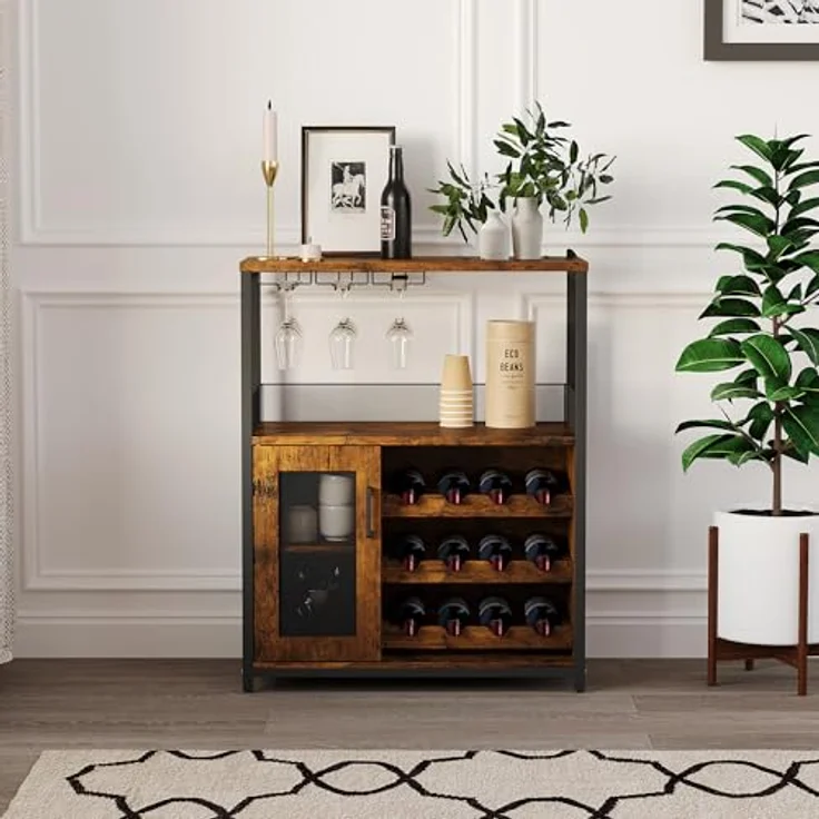 GarveeLife Weinschrank Industrial Küchenschrank Barschrank Mit Verstellbarem Weinregal Und Glashalter Weinregal Mit Abnehmbarem Weinschrank Sideboard Buffetschrank Freistehend, 69 x 35 x 92Cm – Bild 1
