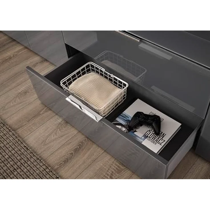Stella Trading Sideboard Kommode SANTORIN Anthrazit mit Glasfront, Schrank Korpus in Anthrazit mit Oberboden in Glas und Schubladen für Ihren Wohnbereich - 226 x 99 x 40 cm (B/H/T) – Bild 6