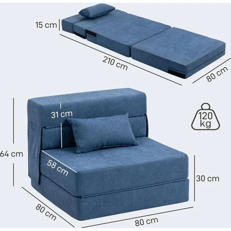 HOMCOM 2-in-1 Klappsessel mit Bettfunktion und Kissen, Gästebett, bis 120 kg Belastbar, Dunkelblau, 210 x 80 x 15 cm – Bild 3