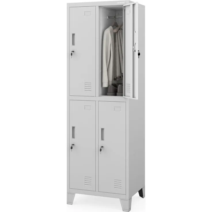 Jan Nowak Spind Metall Schliessfachschrank 4 Fächer Metallschrank abschliessbar 56 x 172 x 45 cm Sozialschrank mit Belueftung Kleiderstange Personalspind