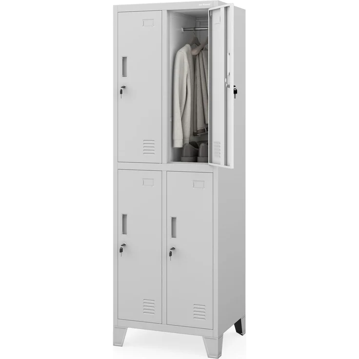 Jan Nowak Spind Metall Schliessfachschrank 4 Fächer Metallschrank abschliessbar 56 x 172 x 45 cm Sozialschrank mit Belueftung Kleiderstange Personalspind