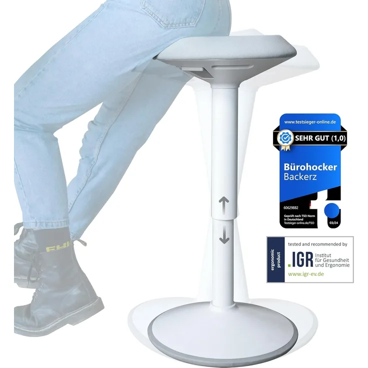 Backerz ergonomischer Wackel-Hocker - Bürohocker mit 55-80 cm Höhenverstellbar, Stehhocker, Arbeitshocker, kompakter Sitzhocker für Heim und Büro - Bezogen mit wasserabweisendem Stoff, Matt Weiß