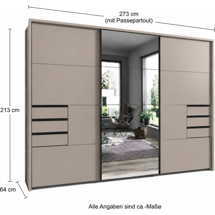 Schwebetürenschrank Kleiderschrank 3-trg 273cm Sandgrau Spiegel u. Passepartout – Bild 9