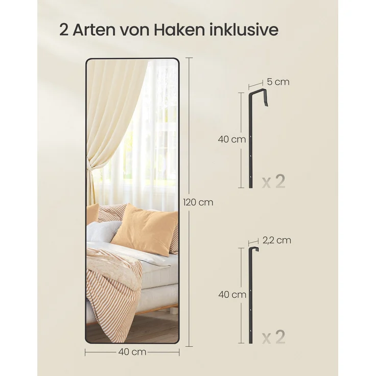 SONGMICS Ganzkörperspiegel, 120 x 40 cm, rechteckiger Spiegel, Wand- oder Türmontage, Rahmen aus Aluminiumlegierung, Hartglas, für Schlafzimmer, Wohnzimmer, Garderobe, tintenschwarz LFMDE032B01 – Bild 5