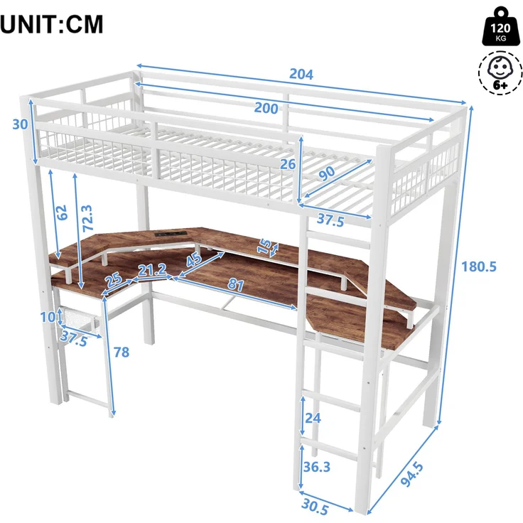 EINHOM Hochbett, 90 x 200 cm, Eisenrahmen, mit Farbwechselnder LED-Lichtleiste, mit Schreibtisch, 1 USB-Anschluss + 1 Typ-C-Anschluss und 2 Steckdosen, mit Lochwand, Weiß (Ohne Matratze) – Bild 2