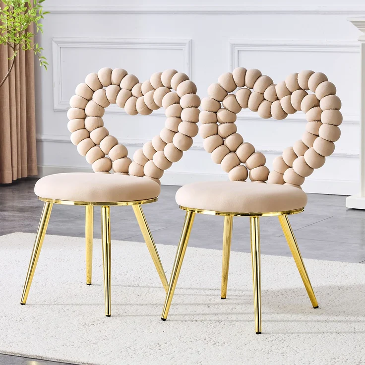 LVHOM 2er Set Esszimmerstuhl mit herzförmiger Rückenlehne, Polsterstuhl aus Samt & Metall, Designstuhl für Büro, Schminktisch und Wohnzimmer, Khaki – Bild 8