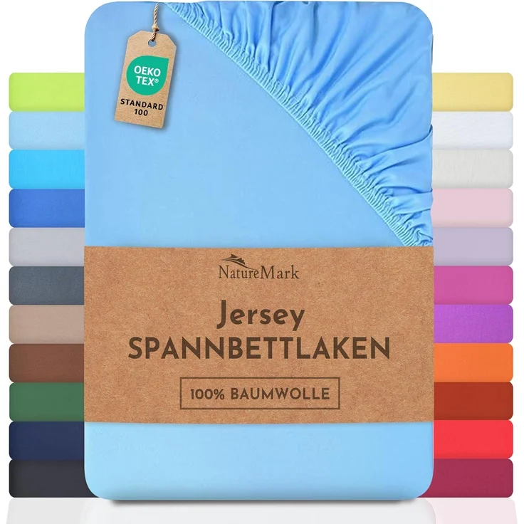 NatureMark Jersey Spannbettlaken, Spannbetttuch 100% Baumwolle in vielen Größen und Farben MARKENQUALITÄT ÖKOTEX Standard 100 | 200x220 cm +40 Steg - hell blau