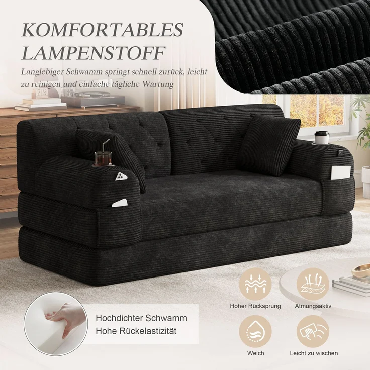 TavilaEcon 2-Sitzer Schlafsofa, komprimiertes Cord Sofa mit hoher Rückenlehne schwarz 81 × 80 × 168 cm (H × T × B) – Bild 10