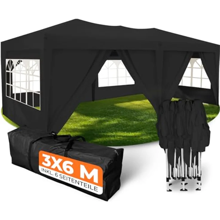 Kronenburg Faltpavillon wasserdicht Pavillon mit 6 Seitenteilen, Gartenzelt, 3x6 m - mit UV Schutz 50+, Schwarz – Bild 2