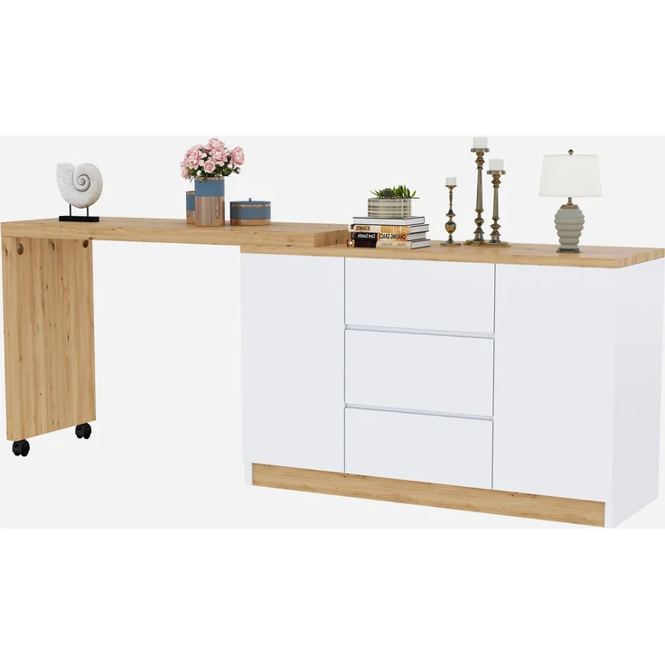 Schreibtisch 120 × 50 × 76,5 cm, drehbar und klappbar, 3 Schubladen, 2 Türen, 2 feststellbare Rollen, 4 cm starke Platte, Spanplatte, Weiß/Eiche – Bild 12