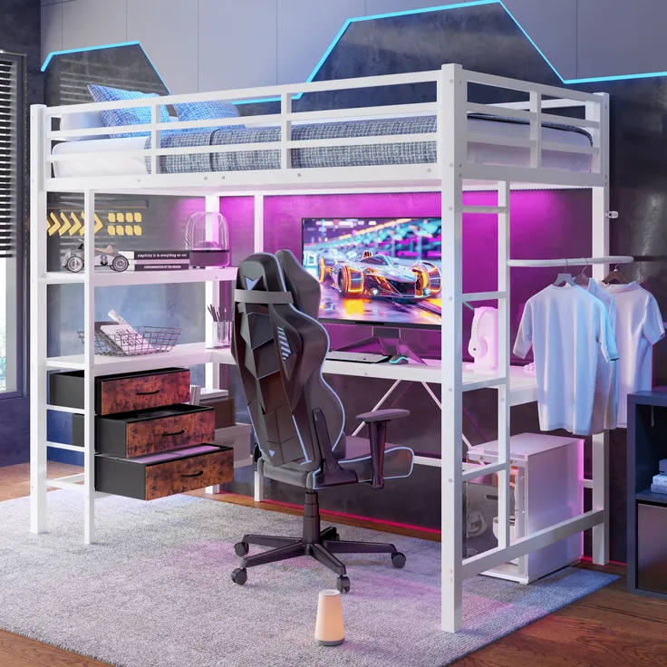 Bett 90x200 cm mit LED-Beleuchtung und Schreibtisch – Hochbett mit Stauraum, Weiß