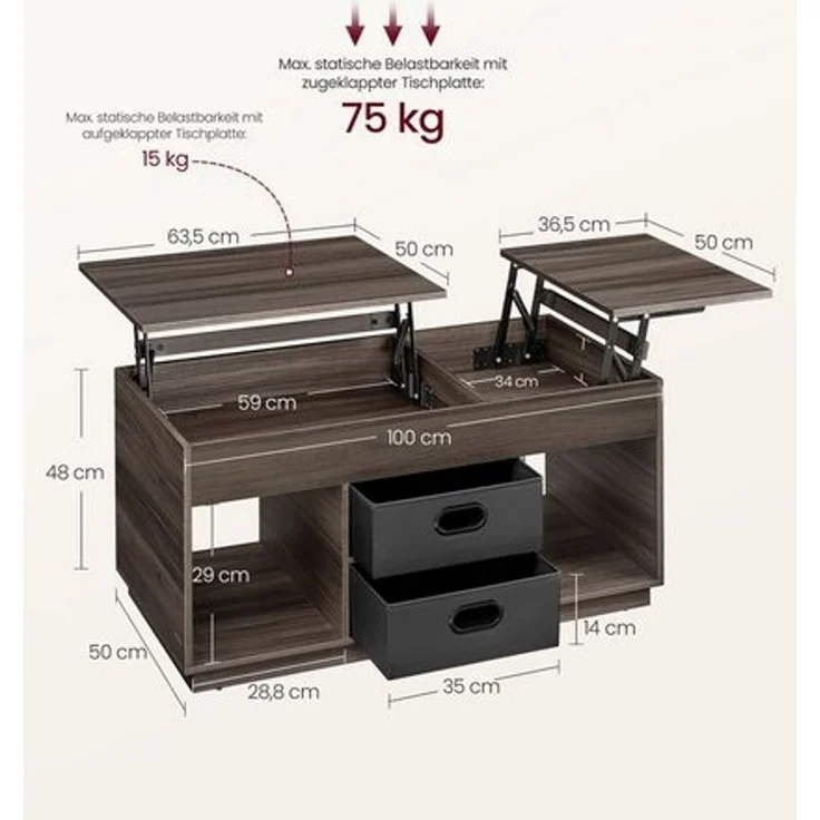 Vasagle Couchtisch, höhenverstellbarer Wohnzimmertisch, 2 Schubladen und versteckte Fächer, Kaffeetisch, offene Fächer, für Wohnzimmer, Homeoffice, aschbraun – Bild 5