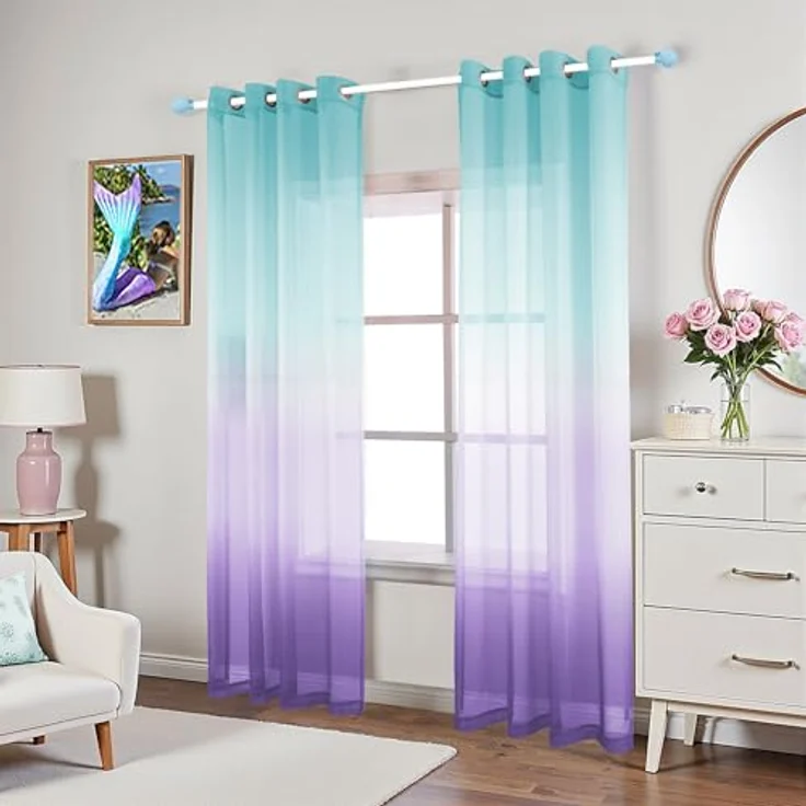 KOUFALL Mädchen-Vorhänge für Schlafzimmer, lila, lila und türkis, Meerjungfrauen-Dekor, Mädchenzimmer-Vorhänge, 2 Paneele, 213 cm Länge – Bild 4