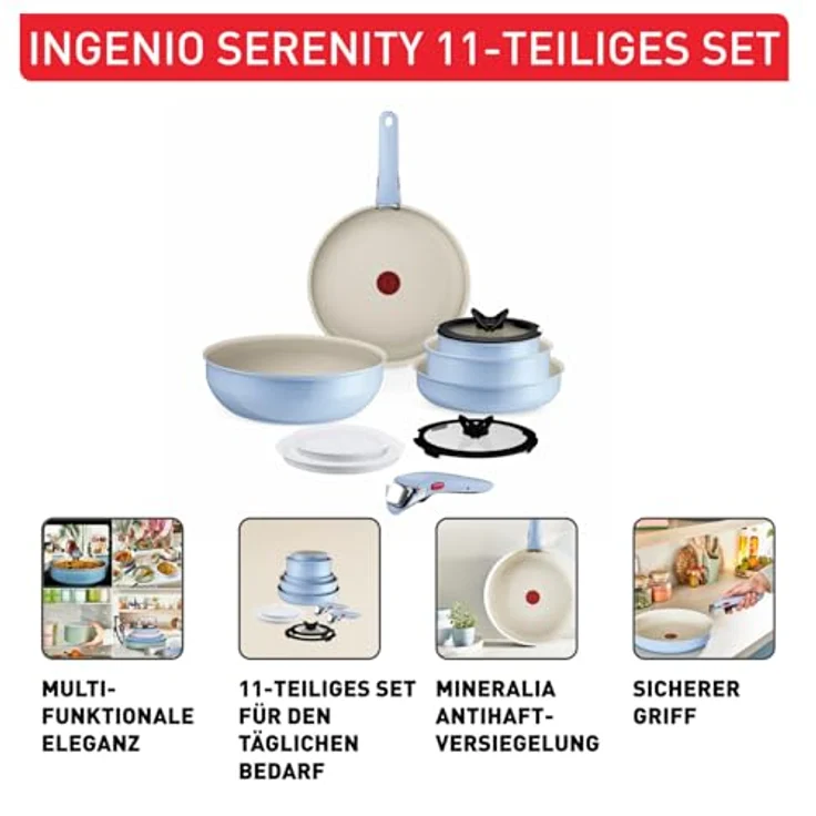 Tefal Ingenio Serenity Kochgeschirr-Set 11-teilig, Mineralia Antihaftversiegelung, platzsparend, stapelbar, für alle Herdarten, spülmaschinengeeignet, Calm Blue, L827SB04 – Bild 4