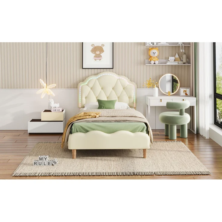 EINHOM Polsterbett, Wellenförmiges Kopfteil mit Zugpunktleiste, mit Mehrfarbigen, Wechselnden LED-Streifen, Kinderbett mit Holzlatten, Einzelbett, PU, 90 x 200 cm, Beige, (Ohne Matratze) – Bild 5