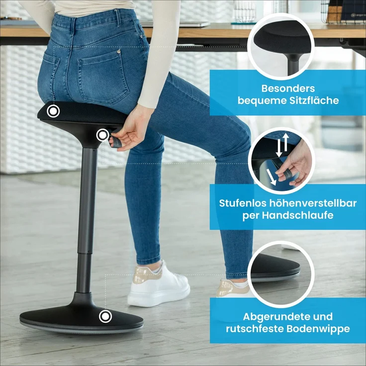 Ergotopia 'Dykó I' Sitz-Stehhocker mit Schwingeffekt, 360° drehbar, höhenverstellbar 57–83 cm, Schwarz – Bild 4