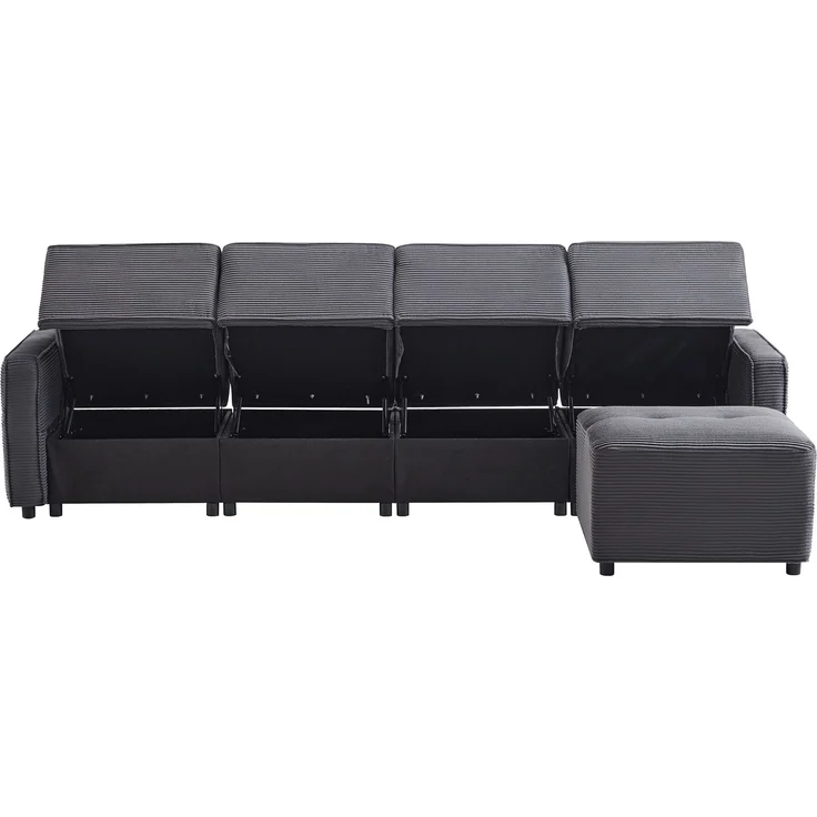 Merax 280cm Großes Sofa, 4-Sitzer Corduroy Sofa, mit Stauraum unter den Sitzflächen, inklusive eines frei platzierbaren Hockers, Grau – Bild 9