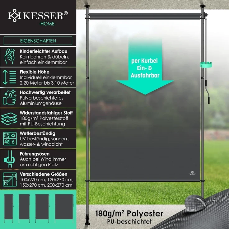 KESSER® Klemmmarkise Senkrechtmarkise außen Ausziehbar & Blickdicht | Vertikalmarkise mit Handkurbel ohne Bohren | Balkon-Sichtschutz & Windschutz für Garten & Terrasse Wasserfest Anthrazit, 100 x 310 cm – Bild 2