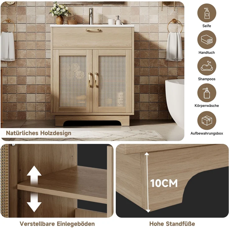 Freistehender Badwaschtisch 76 x 46 x 88 cm aus MDF mit Keramikbecken und Rattan-Geflecht – Bild 6