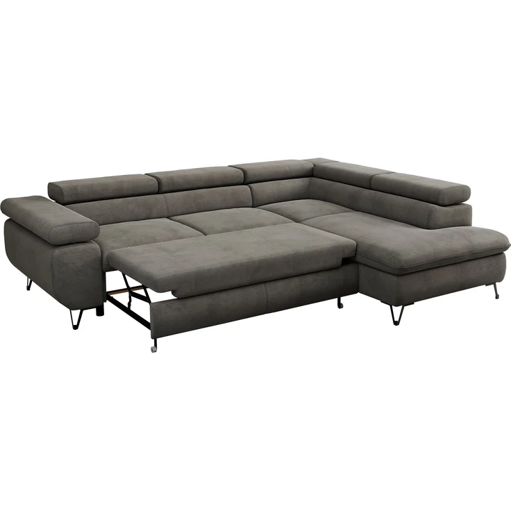 Mks Möbel 'Peter L-form' Ecksofa mit Bettfunktion, Bettkasten & einstellbaren Kopfstützen, Dunkelgrau, Velours, mit Topper, rechts – Bild 6
