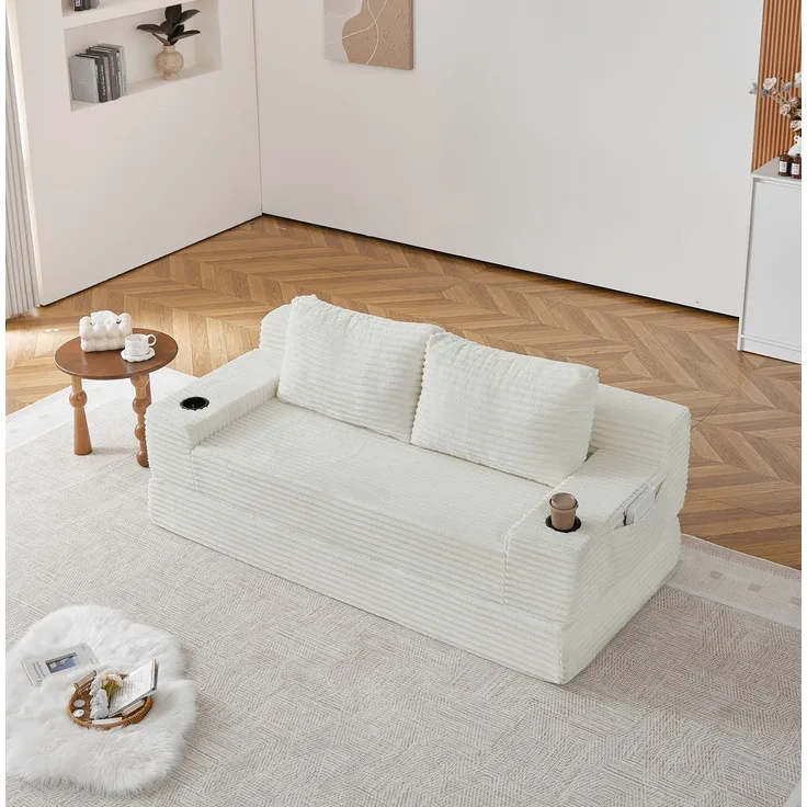 Schlafsofa aus Cord, 2-in-1 mit Getränkehaltern und Seitentaschen, 180x85x62 cm, Beige
