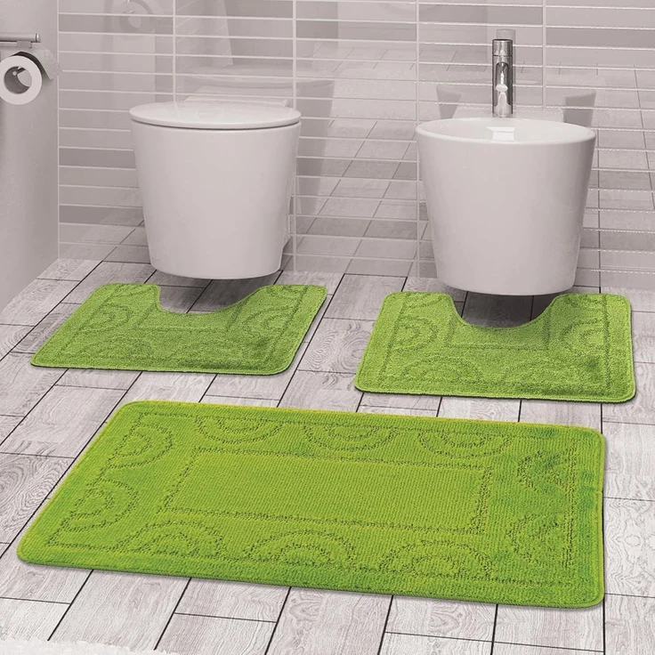 Comart, Nicole Badezimmerteppich, 3-teiliges Set, schnelltrocknend, rutschfeste Unterseite aus Latex, einfarbig, für Dusche und Badewanne, für WC und Bidet, maschinenwaschbar, Grün – Bild 1