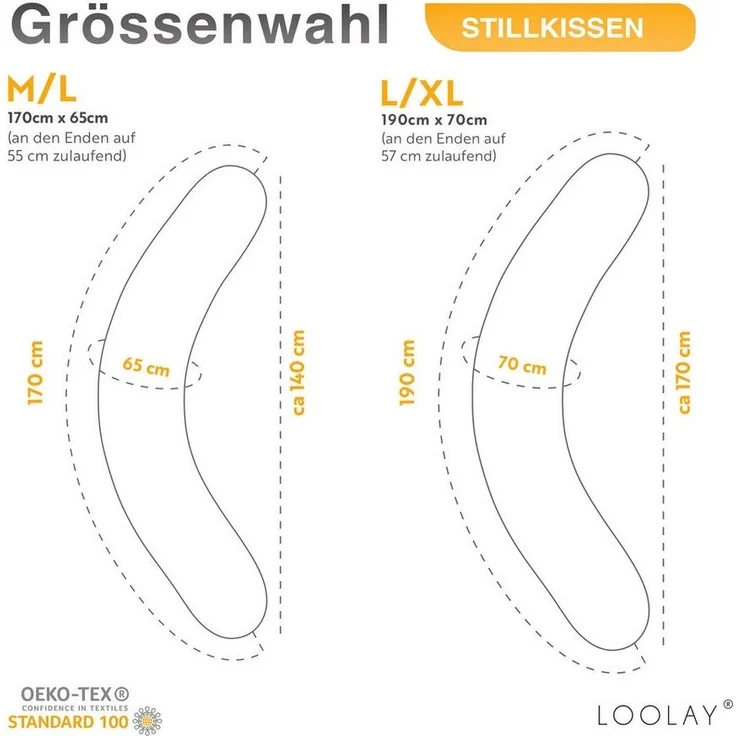 Loolay Seitenschläferkissen Classic BEIGE GRAU WEIß ROSA GELB BLAU Kissen Schwangerschaftskissen, multifunktionales Lagerungskissen M/L oder L/XL für Kinder Frauen und Männer, 170 o. 190 cm Standard Stillkissen inkl. 100% Baumwolle Bezug, LOOLAY® - 100... – Bild 2