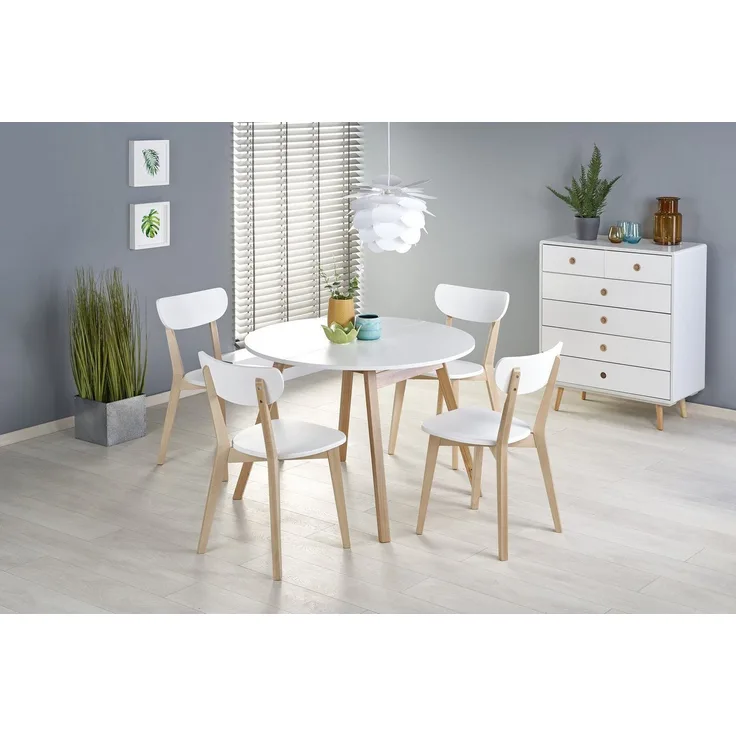 designimpex Esstisch Design HAR-111 Tisch Weiß matt - Honigeiche rund ausziehbar 102-142cm