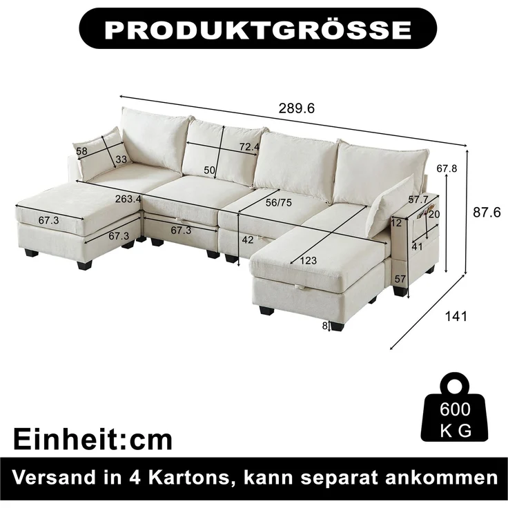 EINHOM Modulares Chenille-Sofa, Ecksofas für das Wohnzimmer U-förmiges Ecksofa mit Stauraum-Ottomane, 6-Sitzer-Ecksofas mit Chaiselongue – Bild 2