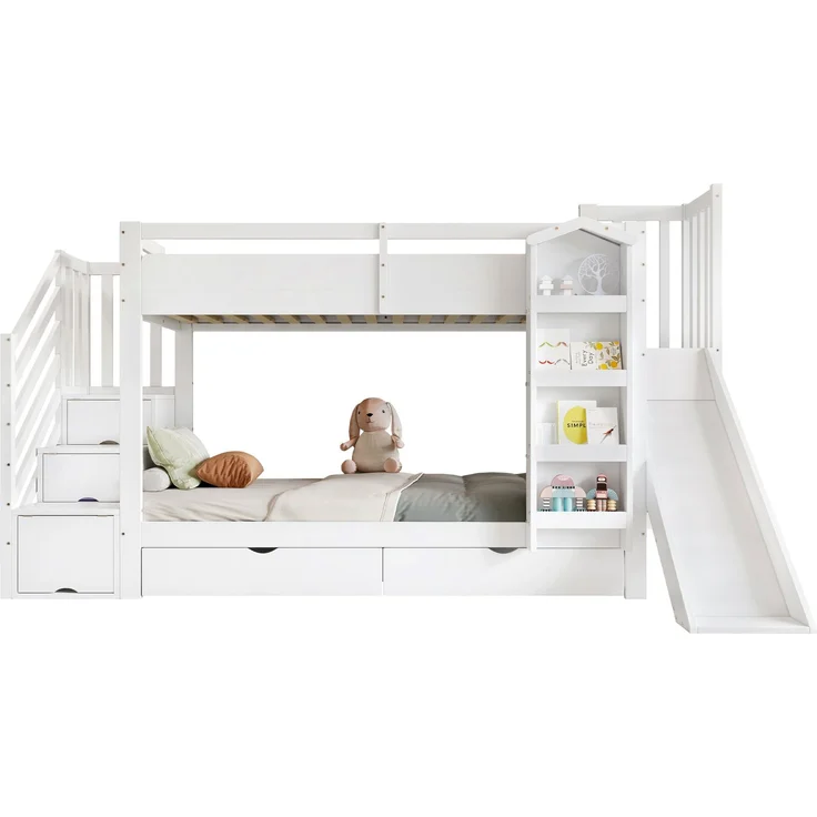 Merax Etagenbett, 90x200cm Kinderbett, Mit Bilderbuchregal, zwei Schubladen auf Rollen und Kinderrutsche, Treppenaufbewahrungs-Schrank, Weiß – Bild 10