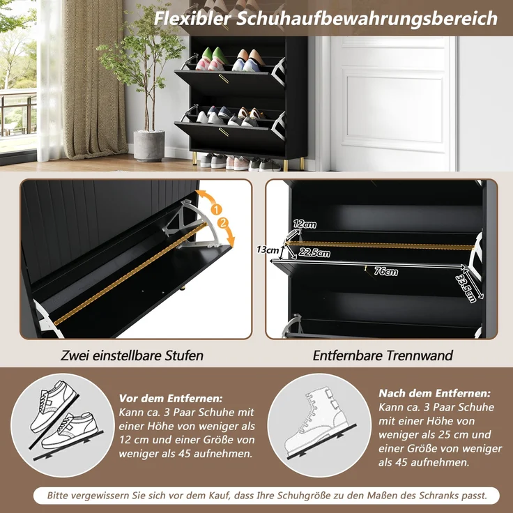 Schuhschrank 80x23x123,5 cm mattschwarz gold Metallfüße 3 Türen verstellbare Böden – Bild 8