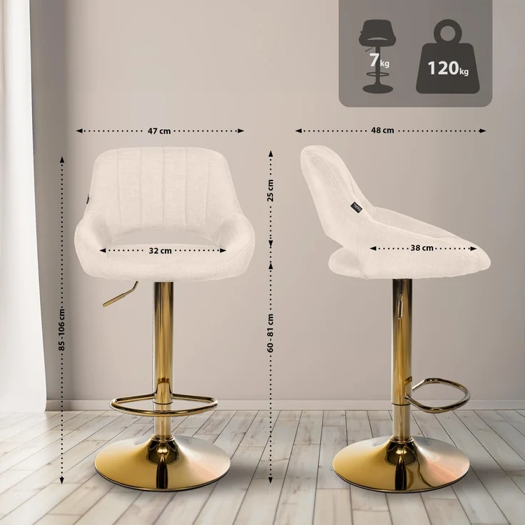 CLP Barhocker Milet Stoffbezug höhenverstellbar drehbar mit Rückenlehne,creme gold – Bild 2