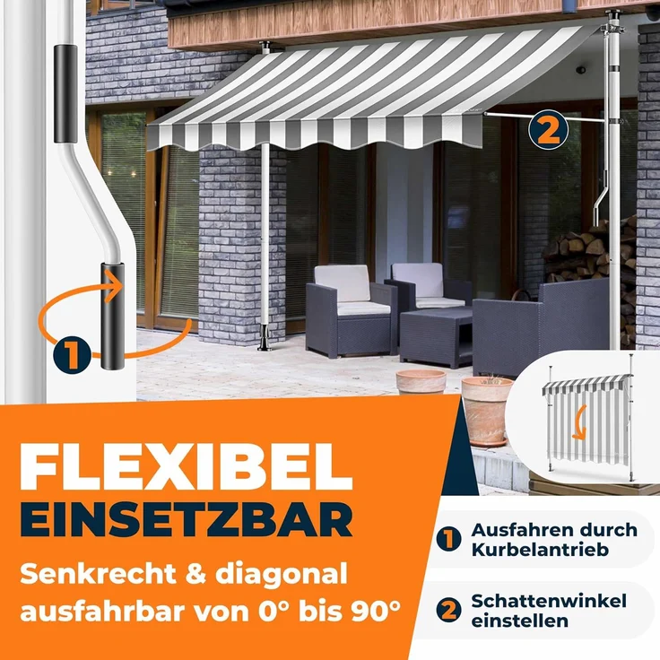 KESSER® Klemmmarkise mit Handkurbel & LED Lichterkette | Balkonmarkise ohne Bohren | Markise UV-beständig höhenverstellbar & wasserabweisend | Sonnenschutz für Balkon Terrasse & Garten Weiß / Grau, 400cm – Bild 5