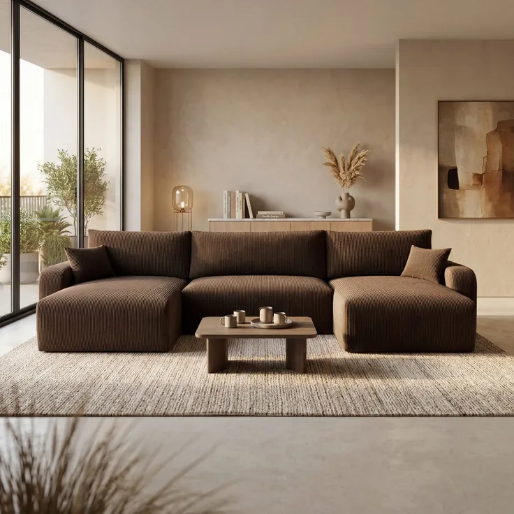 Wohnero24 Habana U XL Ecksofa 381x153 cm mit Schlaffunktion 337x133 cm – XXL Wohnlandschaft U-Form – Sofa U - Formmit Bettkasten – Cord Braun Couch Großformat