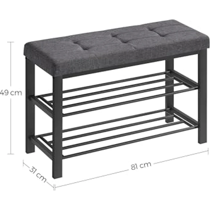 SONGMICS Schuhbank, Schuhregal mit 3 Ebenen, Schuhaufbewahrung, Sitz mit Schaumstoffpolsterung, Leinen, Metallrahmen, für Wohnzimmer Eingangsbereich, 31 x 81 x 49 cm, dunkelgrau-schwarz LBS057B01 – Bild 3