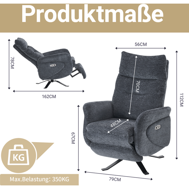 HOME NATURE WOHNKONZEPT Elektrischer Relaxsessel mit USB-Anschluss, elektrisch verstellbarer TV-Sessel mit Liegefunktion, Chenille Dunkelgrau, bis 350 kg, FT9207-A – Bild 2