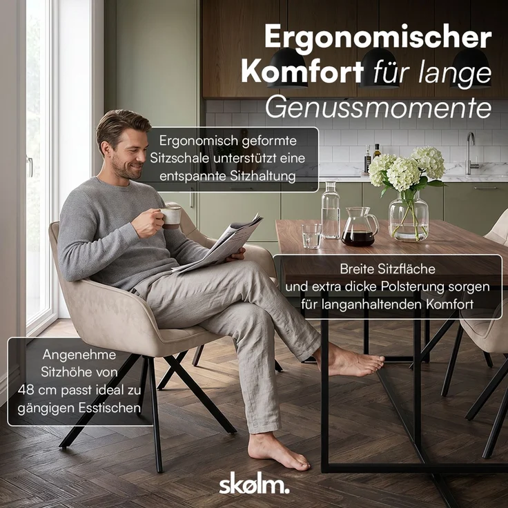 skølm 'Sköll' Esszimmerstühle, 6er Set, macchiato, gepolstert mit Samt-Bezug, höhenverstellbar & drehbar, Polsterstühle mit Armlehnen, bis 150 kg belastbar – Bild 6