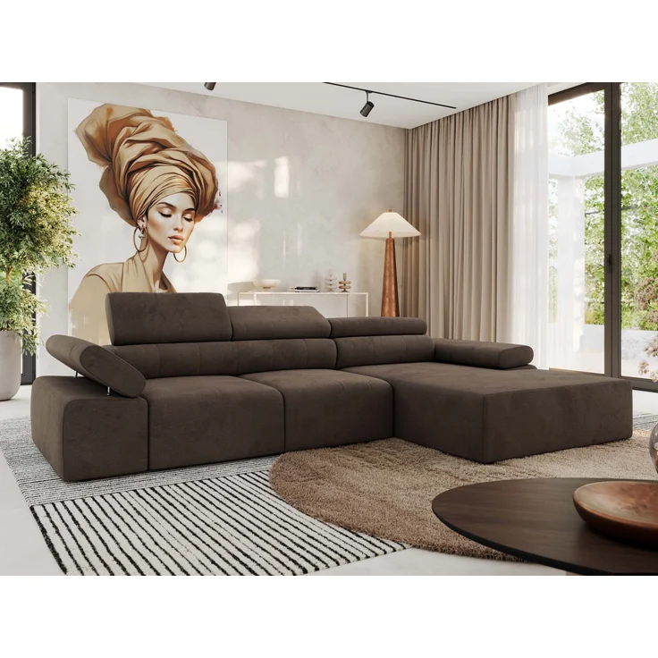 Mks Möbel 'RILASSO' Ecksofa, mit Relax-funktion, Elektrisch verstellbarer Sitz, L-förmige Ecke mit Armlehnen, Wellenfeder, Braun, Velours, rechts