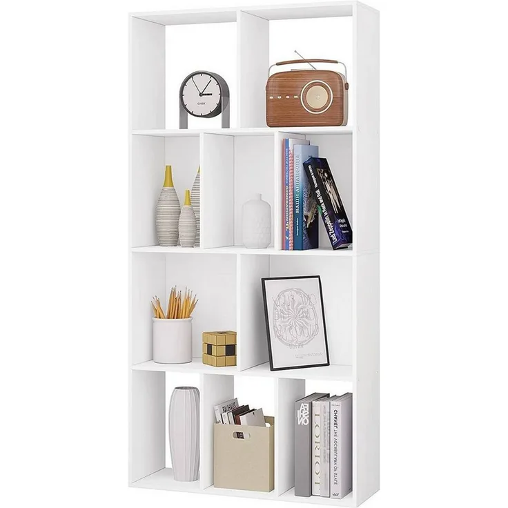 WOLTU Bücherregal mit 4 Ebenen, Regal mit 10 Fächern für Wohnzimmer Küche Büro, Standregal mit Kippschutz, als Raumteiler Aktenschrank DVD-Regal, 60 x 120 x 20 cm, aus Holzwerkstoff, weiß