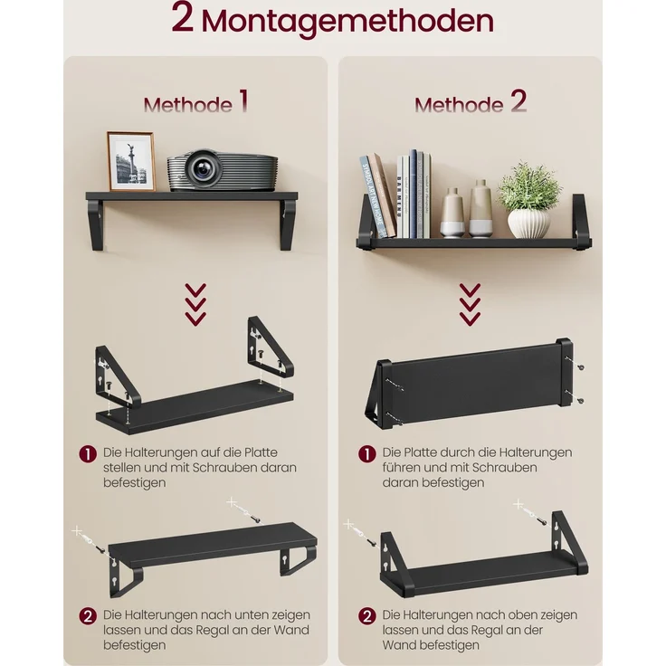 VASAGLE Wandregal, Schweberegal, 3er Set, Regalbrett, 2 Montagemöglichkeiten, Regal zur Präsentation, für Wohnzimmer, Küche, Arbeitszimmer, Badezimmer, tintenschwarz-mattschwarz LWSDE033B10 – Bild 3