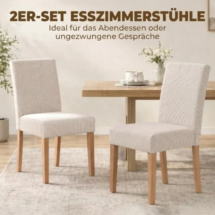 HOMCOM Esszimmerstühle 2er Set Rückenlehne Leinenoptik Essstuhl Cremeweiß | Küchenstuhl, Moderner Polsterstuhl, Kautschukholzbeinen, für Esstisch, Wohnzimmer, Esszimmer – Bild 4