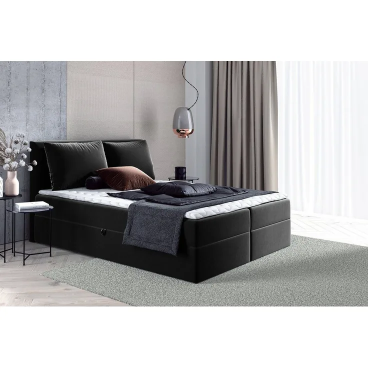 Boxspringbett Egro mit 2 Bettkästen und Zwei große Kissen - Doppelbett mit Bonell-Matratze und Topper, Polsterbett (Schwarz (Kronos 07), 160 x 200 cm)