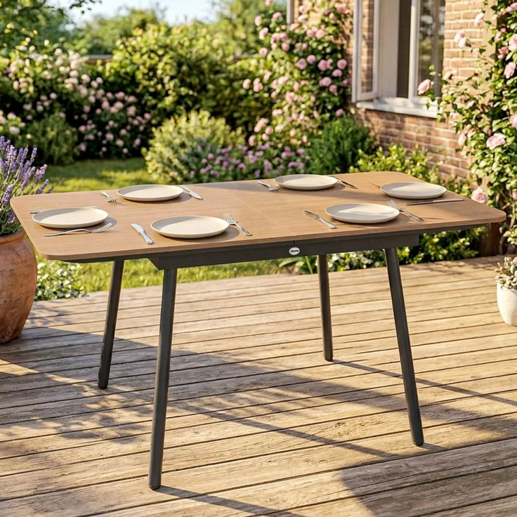 Gartentisch 140 x 80 cm für 6 Personen rostbeständig Outdoor Esstisch mit WPC-Tischplatte Verstellbare Füße, Teak--Teak--140x80x75cm--YOUDENOVA – Bild 2